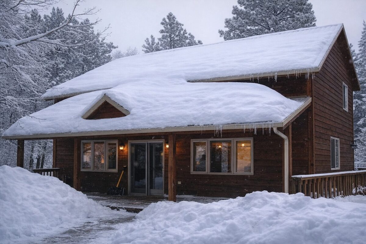 Metāla jumts ziemā Latvijā ar sniega slodzi